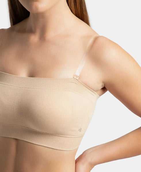 Jockey Wirefree Padded Micro Touch Nylon Stretch Bandeau Bra with Removable Pads and Detachable Transparent Straps - Light Skin