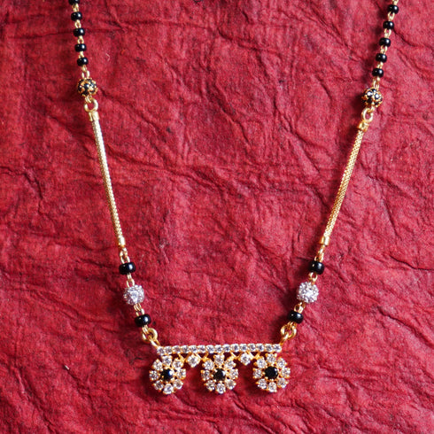 22 Carat Gold Black Beads With White Stone Flower Type Mangalsutra 5.54g by Mahita Collections