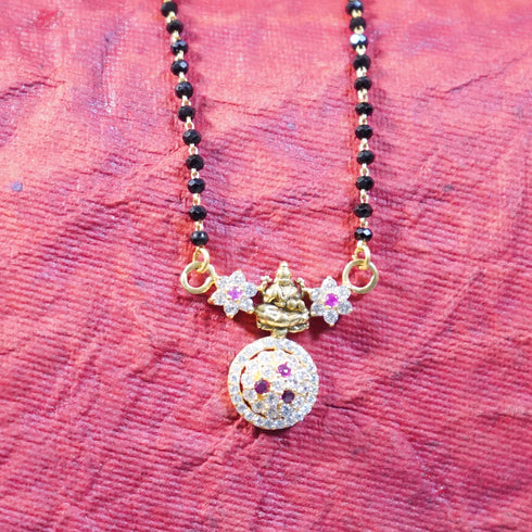 22 Carat Gold Black Beads With Pink And White Stoned Laxmi Locket Mangalsutra 9.71g by Mahita Collections