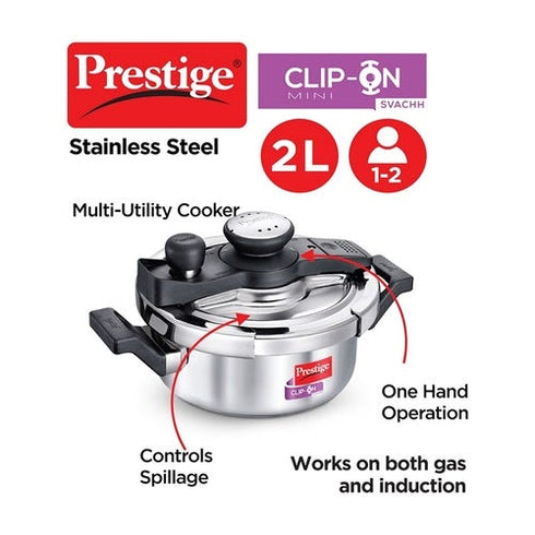 Prestige Clip-on Mini Svachh Stainless Steel Spillage Control Pressure Cooker Silver 2 L