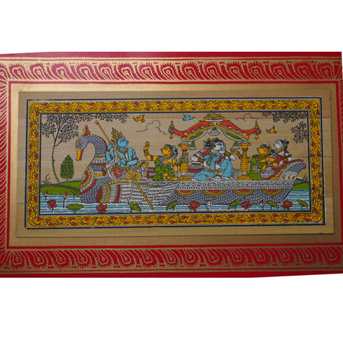 Palm Leaf Handmade Painting of Lord Krishna on Peacock Boat