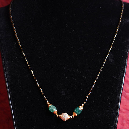 22 Carat Gold Black Beads With Litegrean And White Stone Link Mangalsutra 6.3g by Mahita Collections