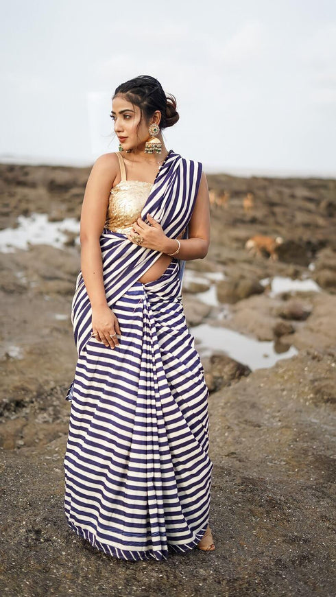 Kzari Black And Cream Printed Saree