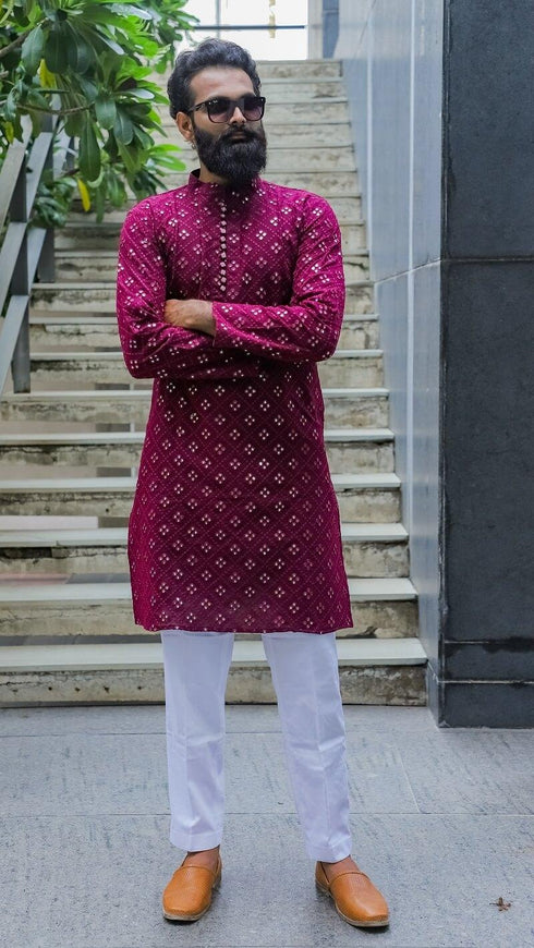 Kzari Wine Georgette Silk Kurta