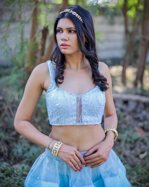 Kzari Light Blue Organza Layered Crop Top and Skirt Set