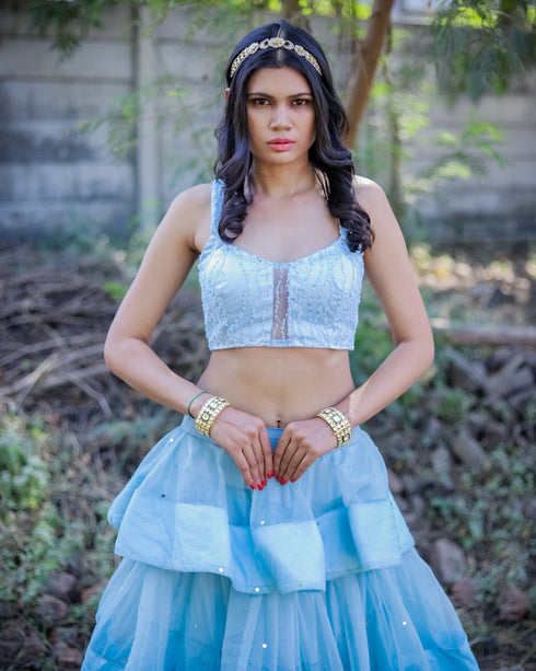 Kzari Light Blue Organza Layered Crop Top and Skirt Set