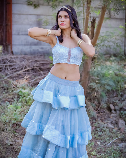 Kzari Light Blue Organza Layered Crop Top and Skirt Set