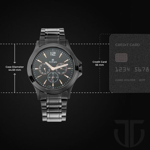 Titan Quartz Multifunction Black Dial Stainless Steel Strap Watch for Men