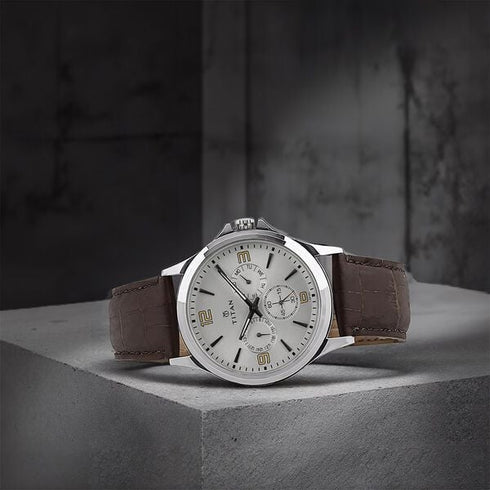 Titan Quartz Multifunction Silver Dial Leather Strap Watch for Men