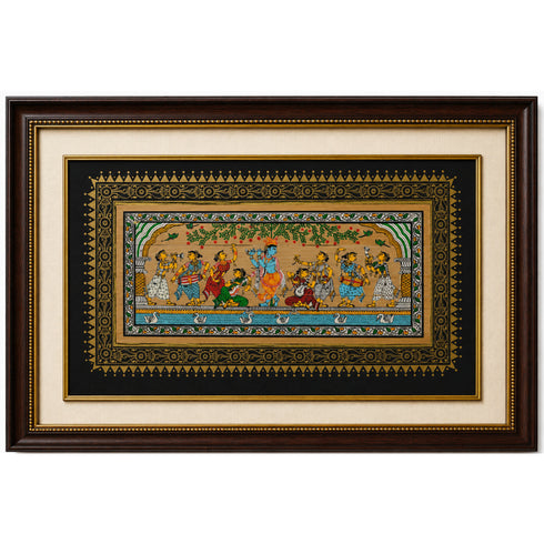 Palm Leaf Handmade Painting of Krishna Raas Leela with Gopis