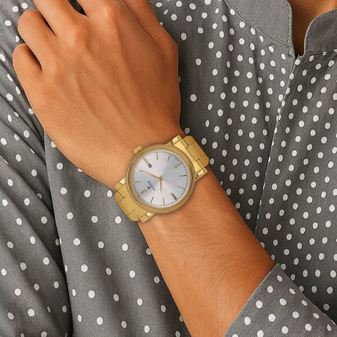Titan Quartz Analog with Date Silver Dial Golden Stainless Steel Strap Watch For Men