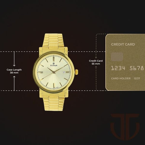 Titan Quartz Analog with Date Champagne Dial Golden Stainless Steel Strap