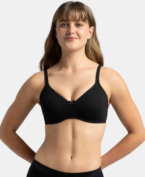 Jockey Pack of 2 Wirefree Non Padded Cotton Stretch Medium Coverage Everyday Bra with Concealed Shaper Panel - Black & Skin