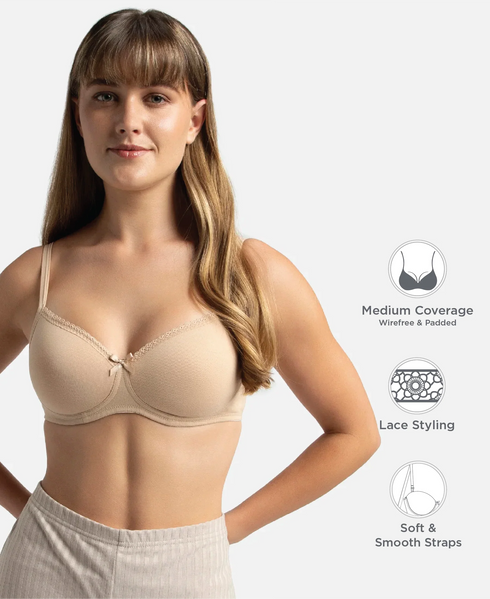 Jockey Wirefree Padded Cotton Stretch Medium Coverage T-Shirt Bra with Lace Styling - Light Skin