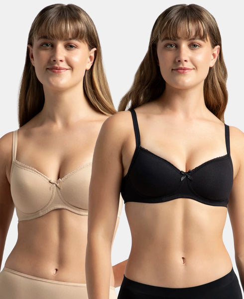 Jockey Pack of 2 Wirefree Padded Cotton Stretch Medium Coverage T-Shirt Bra with Lace Styling - Black & Light Skin