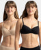Jockey Pack of 2 Wirefree Padded Cotton Stretch Medium Coverage T-Shirt Bra with Lace Styling - Black & Light Skin