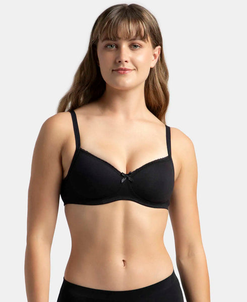 Jockey Pack of 2 Wirefree Padded Cotton Stretch Medium Coverage T-Shirt Bra with Lace Styling - Black & Light Skin