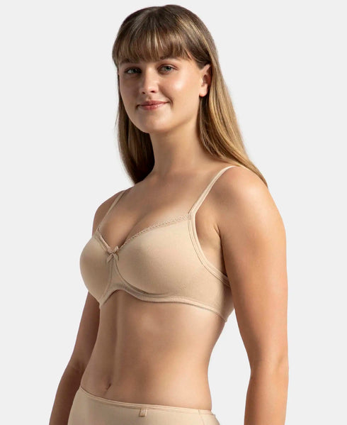 Jockey Pack of 2 Wirefree Padded Cotton Stretch Medium Coverage T-Shirt Bra with Lace Styling - Black & Light Skin