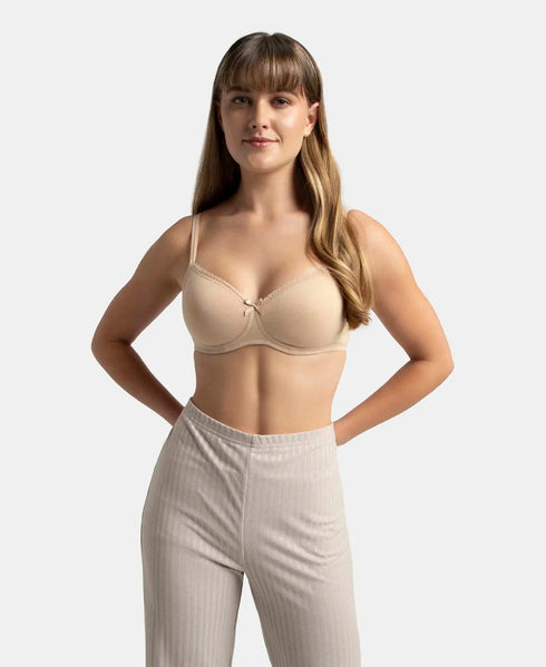 Jockey Wirefree Padded Cotton Stretch Medium Coverage T-Shirt Bra with Lace Styling - Light Skin