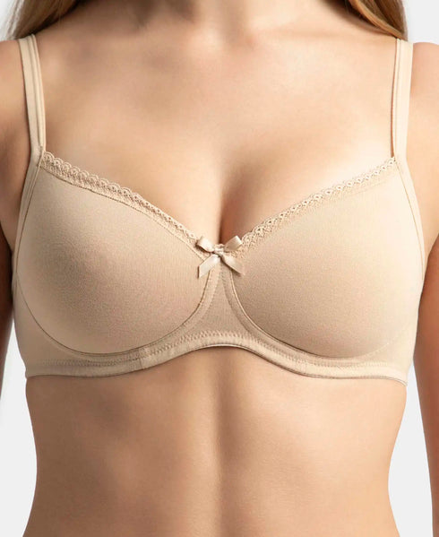 Jockey Wirefree Padded Cotton Stretch Medium Coverage T-Shirt Bra with Lace Styling - Light Skin