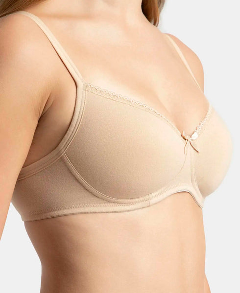 Jockey Pack of 2 Wirefree Padded Cotton Stretch Medium Coverage T-Shirt Bra with Lace Styling - Black & Light Skin