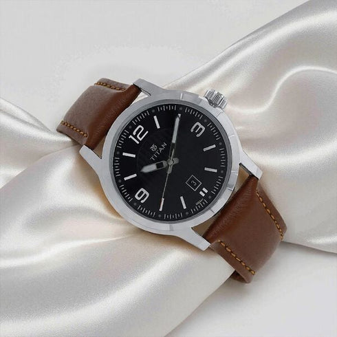 Titan Quartz Analog Black Dial Leather Strap Watch for Men