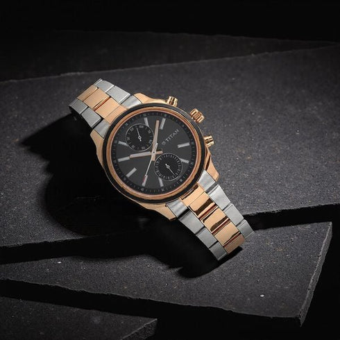 Titan Men's Metropolitan Luxe: Multifunction Black Dial with Two-Tone