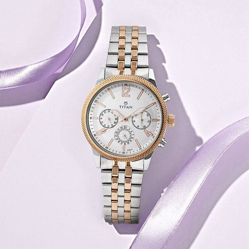 Titan Men's Metropolitan Luxe: Multifunction White Dial with Two-Tone Stainless Steel Bracelet Watch