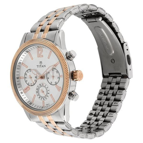 Titan Men's Metropolitan Luxe: Multifunction White Dial with Two-Tone Stainless Steel Bracelet Watch