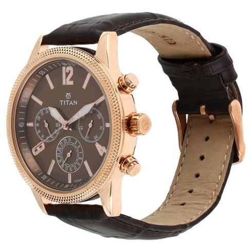 Titan Men's Metropolitan Luxe: Multifunction brown Dial with leather Strap