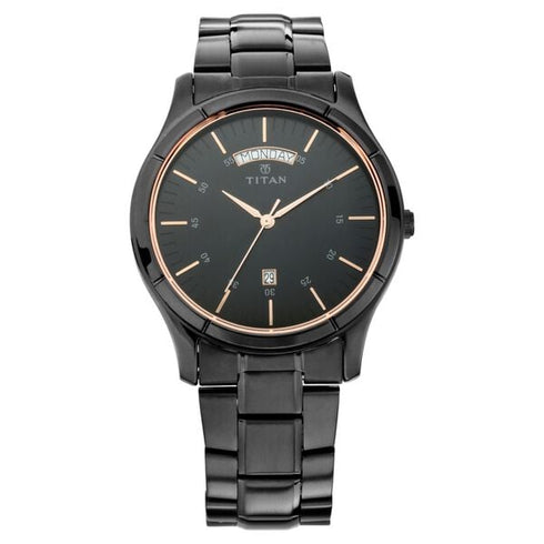 Titan Quartz Analog with Day and Date Black Dial Black Stainless Steel Strap Watch