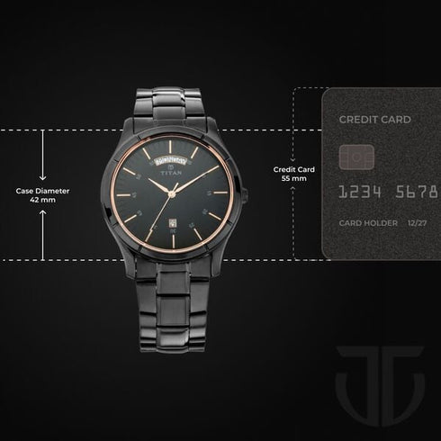 Titan Quartz Analog with Day and Date Black Dial Black Stainless Steel Strap Watch