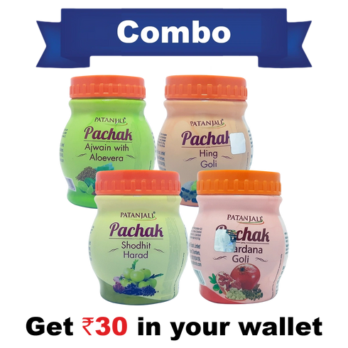 Patanjali Digestive Health Combo - Pachak Anardana 100 G+ Pachak Hing Goli 100 G+ Pachak Shodhit Harad 100 G+ Pachak Ajwain With Aloevera 100g - Rs 30 Off