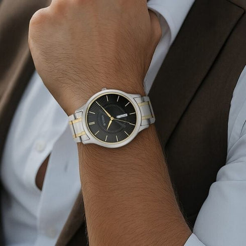 Titan Quartz Analog with Day and Date Black Dial Metal Strap Watch for Men