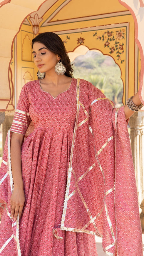 Pomcha Jaipur Rosewood Booti Gotta Jaal Cotton Anarkali Set With Jaal Work Dupatta