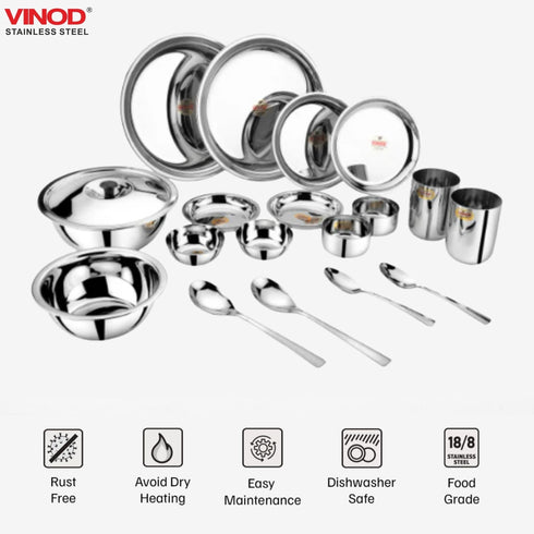 Vinod 18 Pieces Stainless Steel Dinner Set with Mirror finish Heavy Gauge steel Rust free Durable Dishwasher safe and ISI Certified