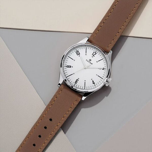 Titan Men's Urban Edge Lustrous Silver Dial Leather Watch