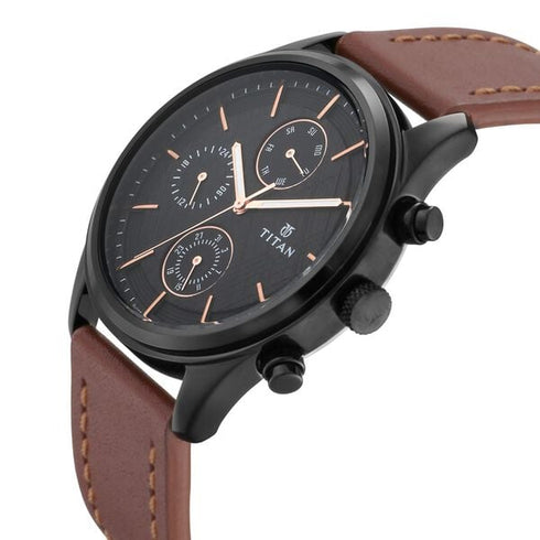 Titan Workwear Multifunction Black Dial Brown Leather Strap Watch For Men