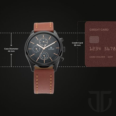 Titan Workwear Multifunction Black Dial Brown Leather Strap Watch For Men