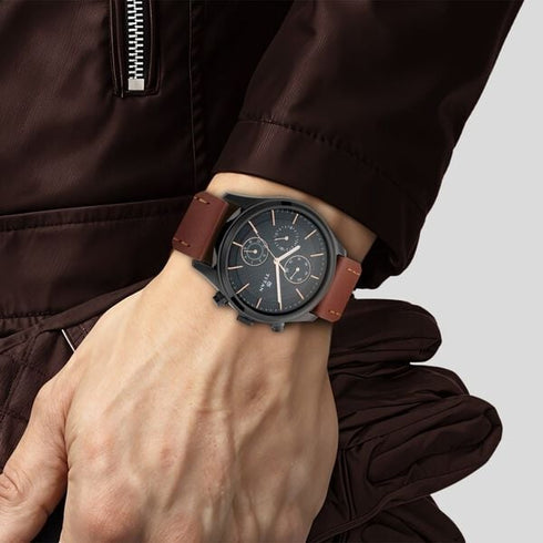 Titan Workwear Multifunction Black Dial Brown Leather Strap Watch For Men