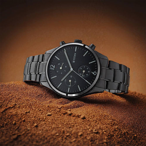 Titan Workwear Multifunction Black Dial Black Metal Strap Watch For Men