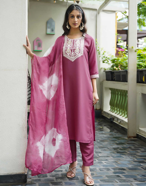 Sudathi Dusty Pink Silk Sequence Straight Kurta Set With Dupatta