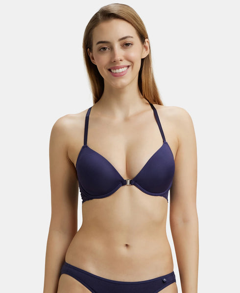 Jockey Under-Wired Padded Soft Touch Microfiber Stretch Full Coverage T-Shirt Bra with Lace Back Styling - Classic Navy