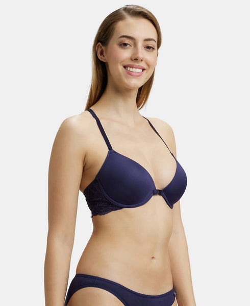 Jockey Under-Wired Padded Soft Touch Microfiber Stretch Full Coverage T-Shirt Bra with Lace Back Styling - Classic Navy