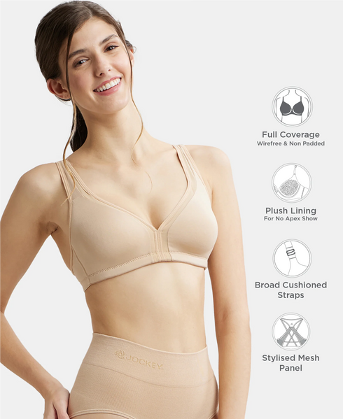 Jockey Wirefree Non Padded Soft Touch Microfiber Stretch Full Coverage Everyday Bra with Stylised Mesh Panel - Light Skin