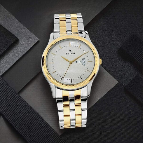 Titan Quartz Analog with Day and Date Silver Dial Stainless Steel Strap Watch for Men