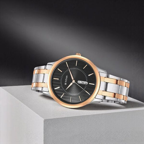 Titan Karishma Quartz Analog Black Dial Two Toned Stainless Steel Strap Watch For Men