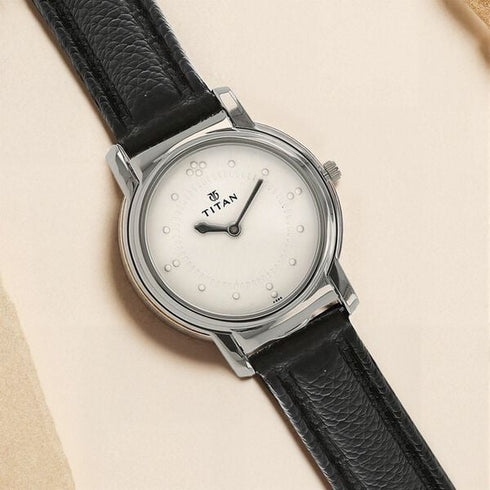 Titan Analog Silver Dial Quartz Stainless Steel Black Leather Strap Watch