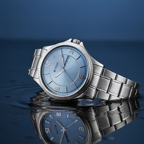 Titan Neo Arabic Analog with Day Date Ice Blue Dial Silver Stainless Steel Strap Watch