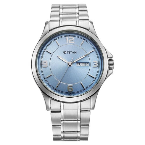 Titan Neo Arabic Analog with Day Date Ice Blue Dial Silver Stainless Steel Strap Watch